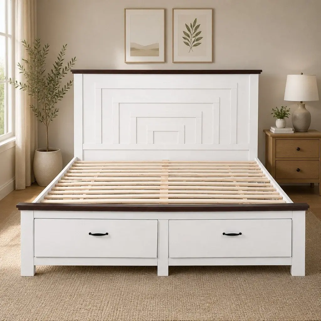 Queen Bed Frame Wooden Platform White 108cm Tall Headboard with 2 Drawers