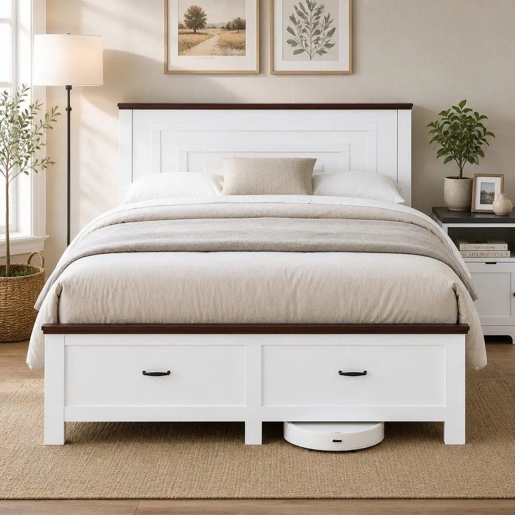 Queen Bed Frame Wooden Platform White 108cm Tall Headboard with 2 Drawers
