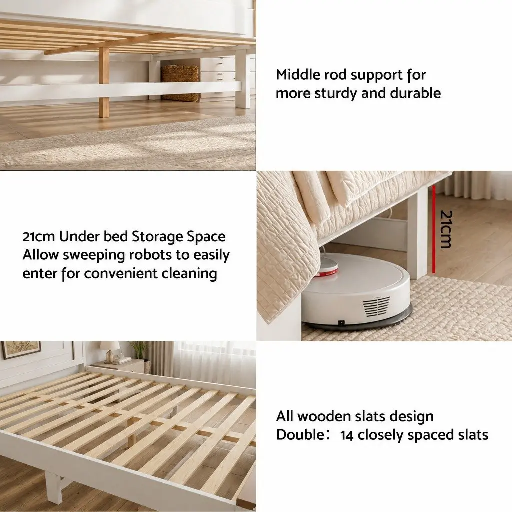 Queen Bed Frame Wooden Platform White 108cm Tall Headboard with 2 Drawers