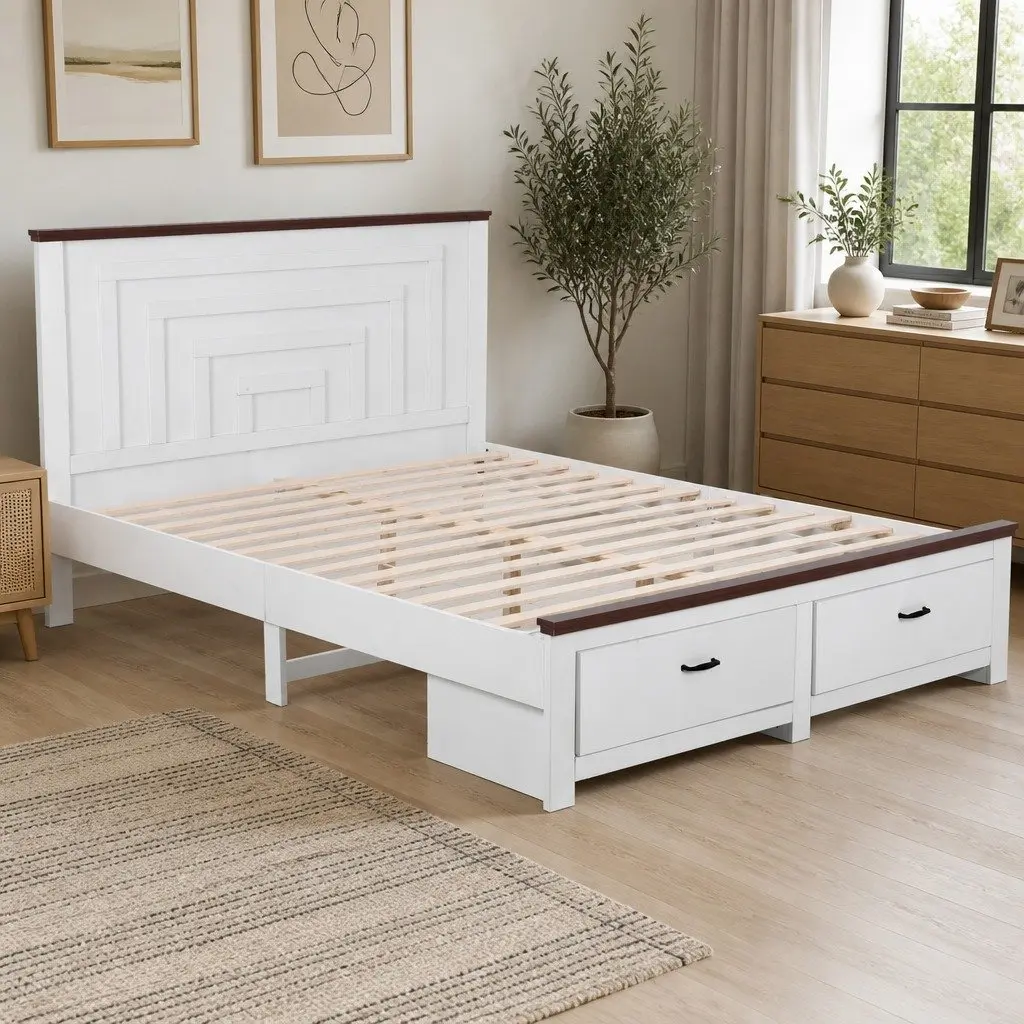 Queen Bed Frame Wooden Platform White 108cm Tall Headboard with 2 Drawers