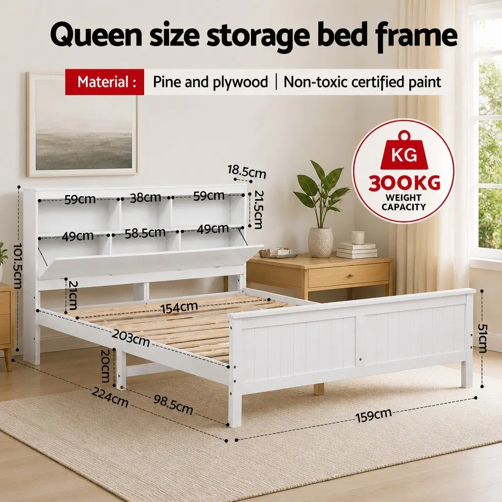 Wooden Queen Bed Frame with Storage Headboard and Footboard, White Finish