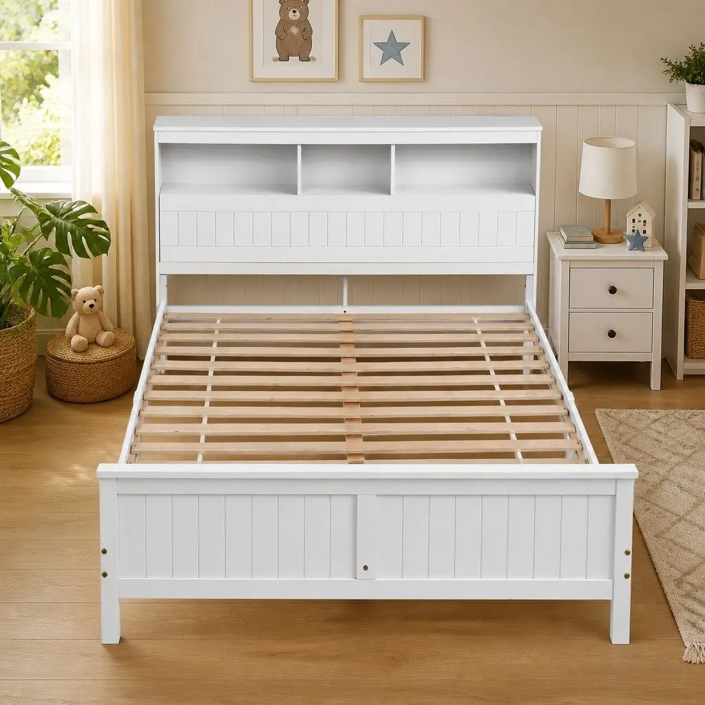 Wooden Queen Bed Frame with Storage Headboard and Footboard, White Finish
