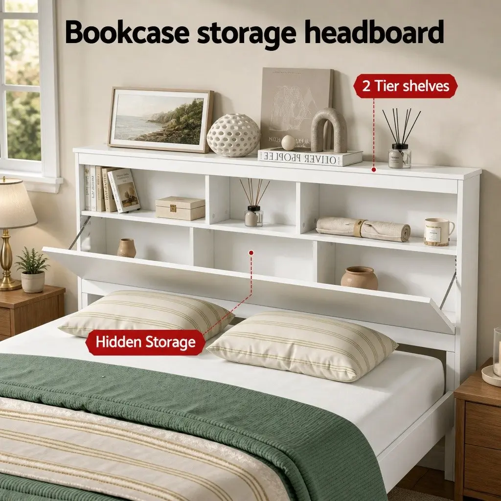 Wooden Queen Bed Frame with Storage Headboard and Footboard, White Finish