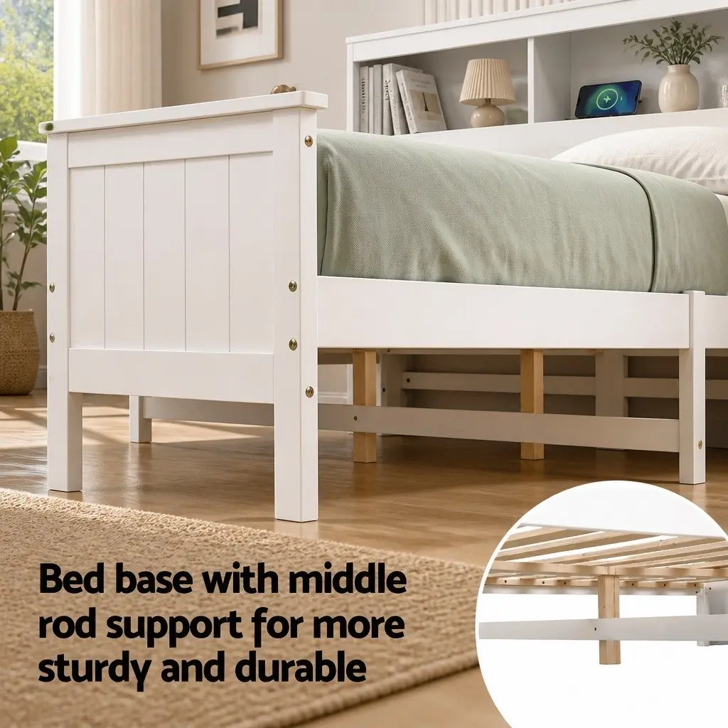 Wooden Queen Bed Frame with Storage Headboard and Footboard, White Finish
