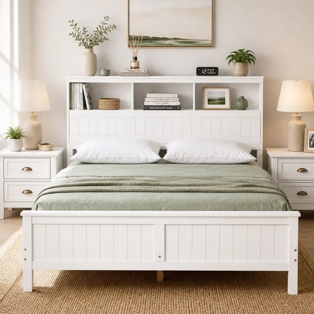 Wooden Queen Bed Frame with Storage Headboard and Footboard, White Finish