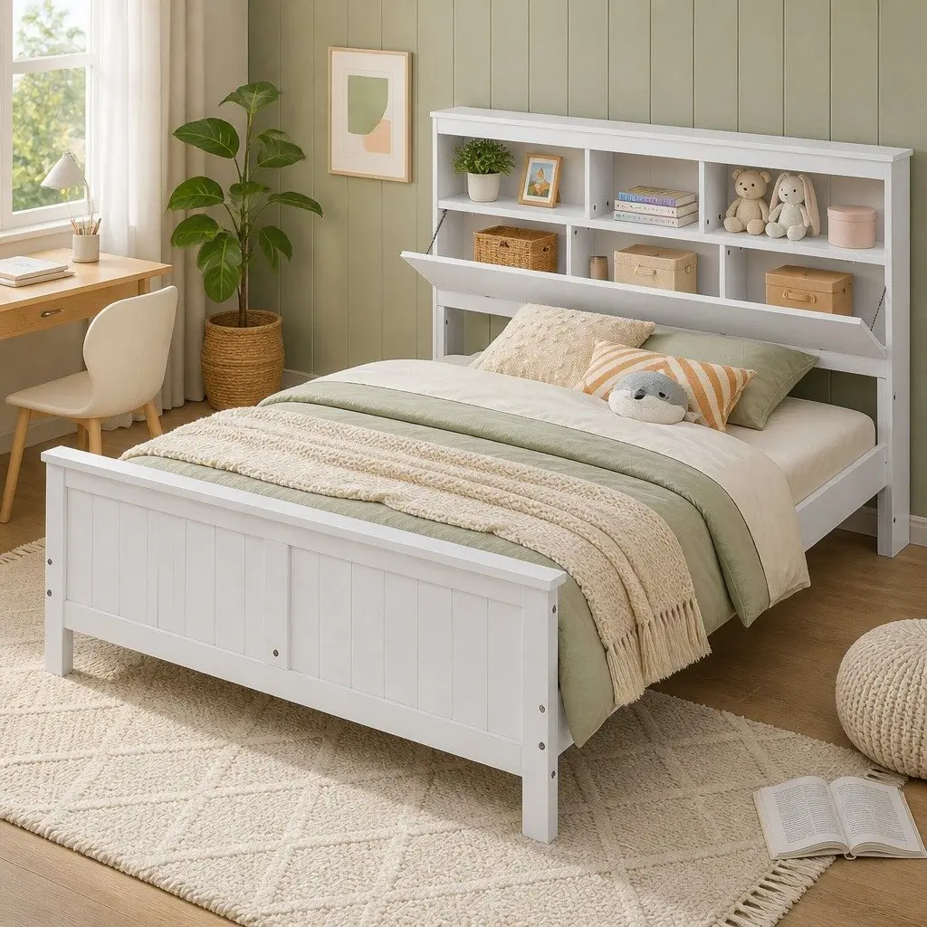 Wooden Queen Bed Frame with Storage Headboard and Footboard, White Finish
