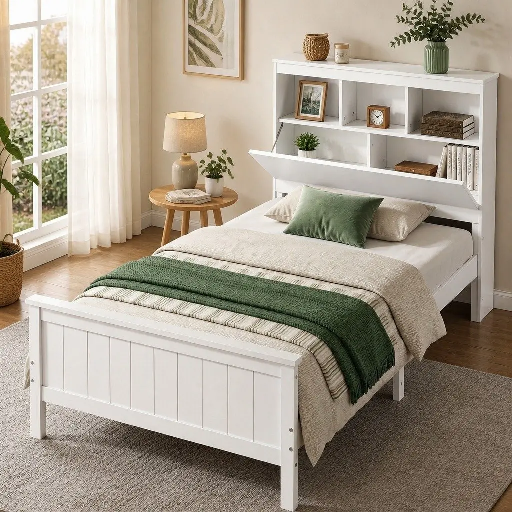 Single Bed Frame Wooden Bed Base with Storage Headboard and Footboard White