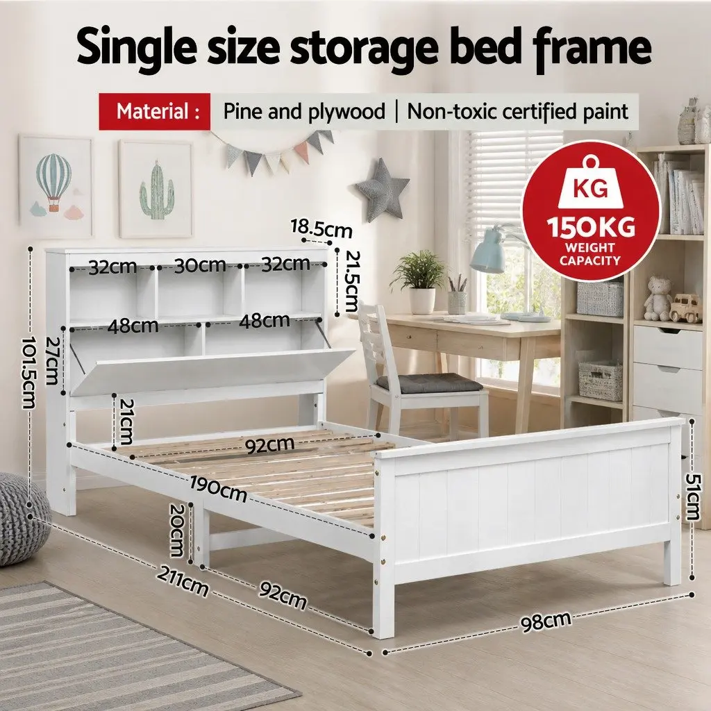 Single Bed Frame Wooden Bed Base with Storage Headboard and Footboard White