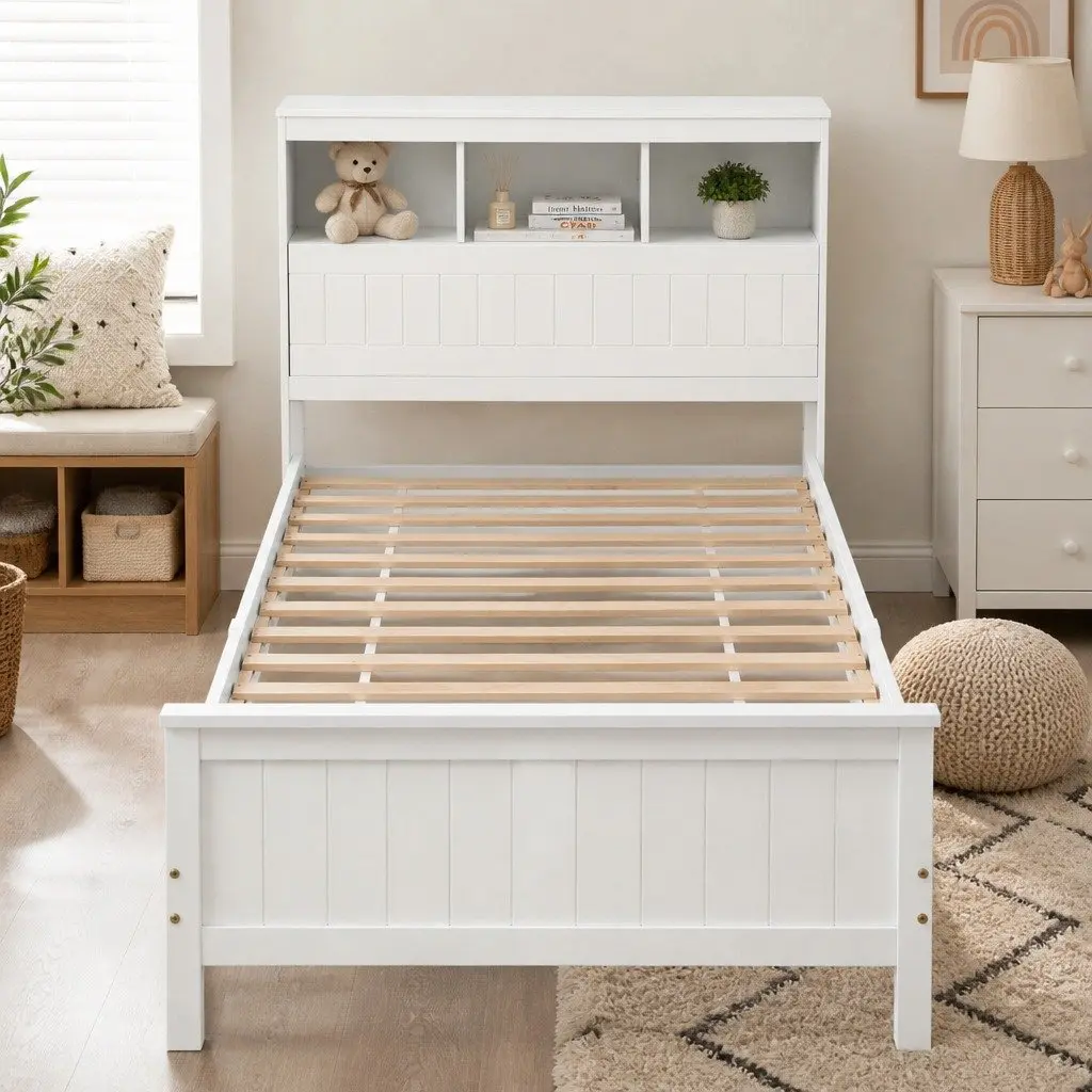 Single Bed Frame Wooden Bed Base with Storage Headboard and Footboard White