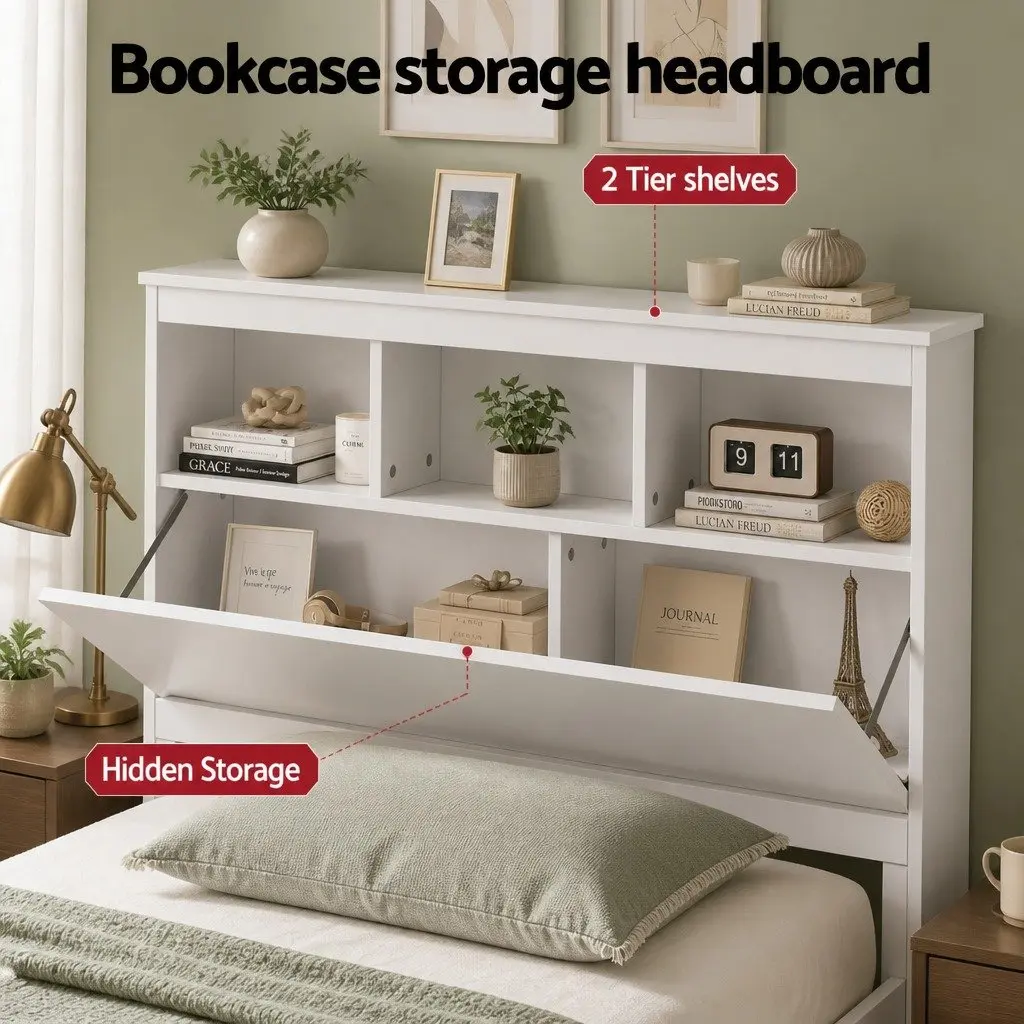Single Bed Frame Wooden Bed Base with Storage Headboard and Footboard White