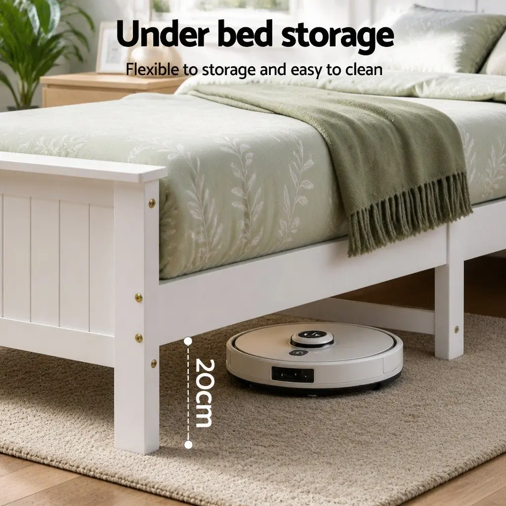 Single Bed Frame Wooden Bed Base with Storage Headboard and Footboard White