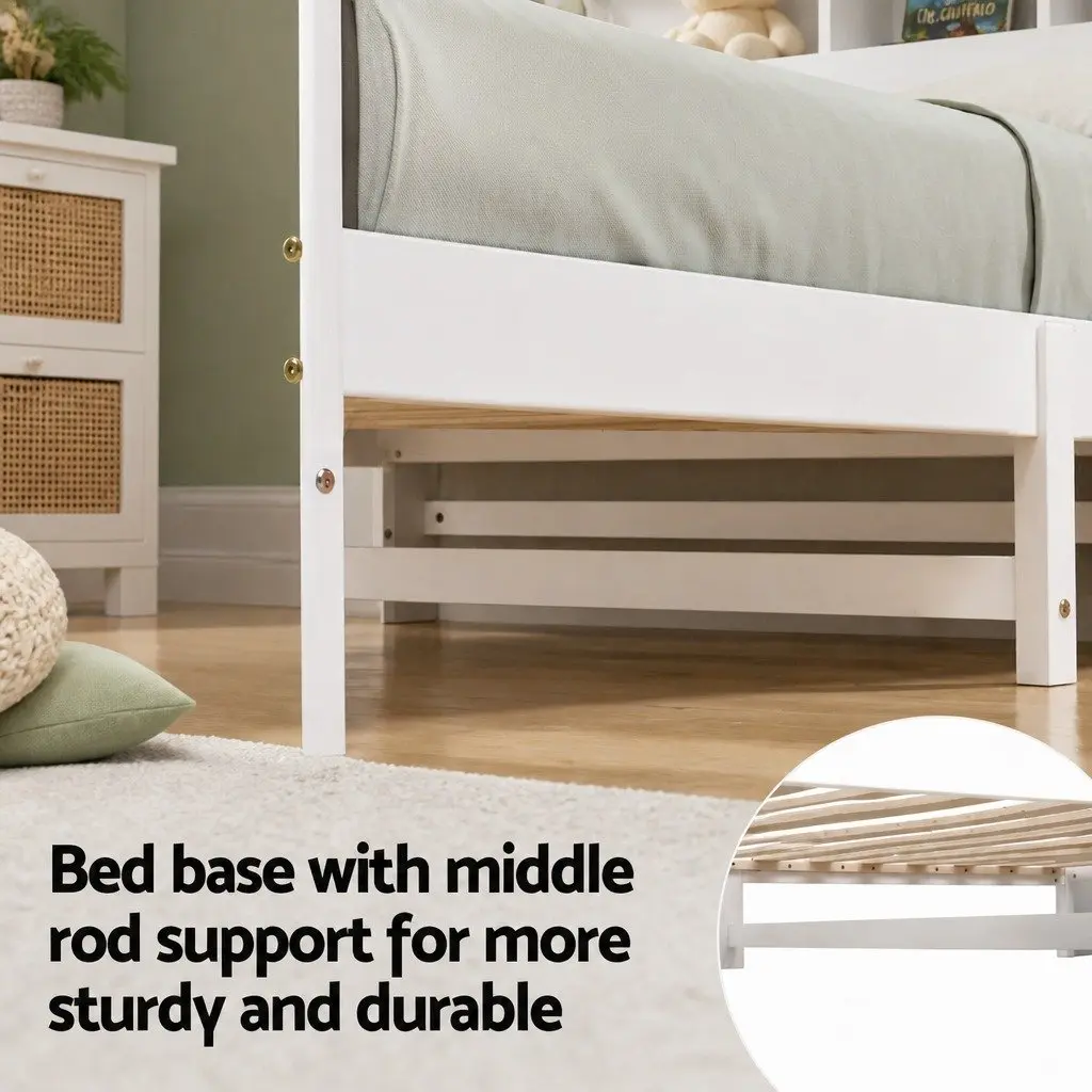 Single Bed Frame Wooden Bed Base with Storage Headboard and Footboard White