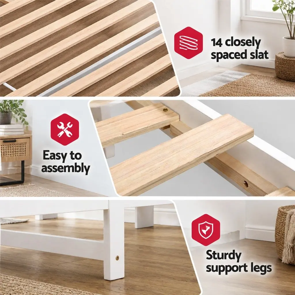 Single Bed Frame Wooden Bed Base with Storage Headboard and Footboard White