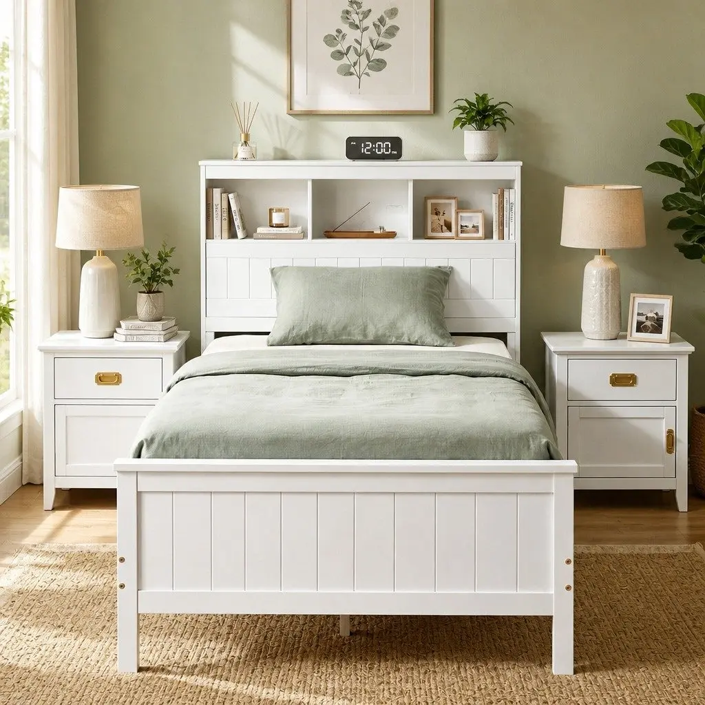 Single Bed Frame Wooden Bed Base with Storage Headboard and Footboard White
