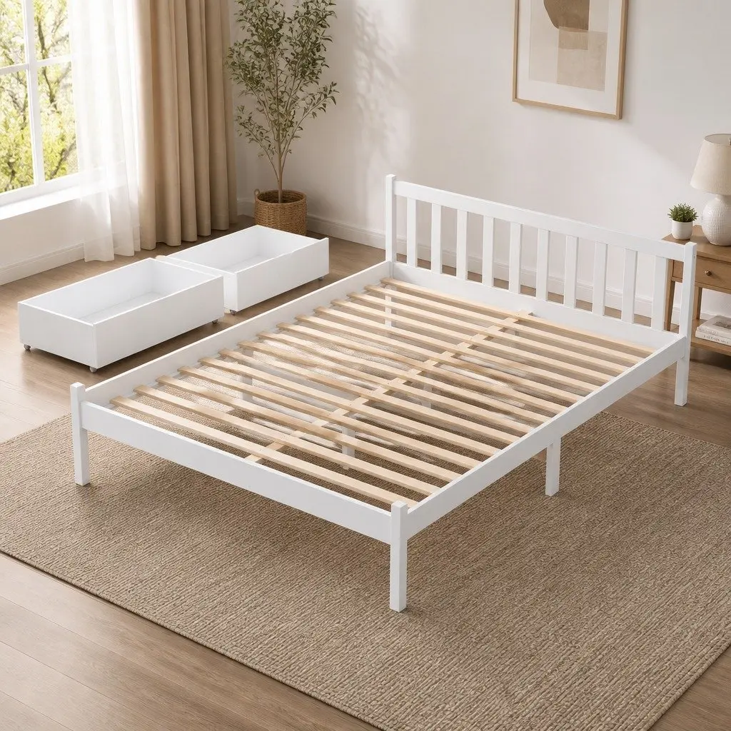 Double Bed Frame Wooden Platform with Storage Drawers White