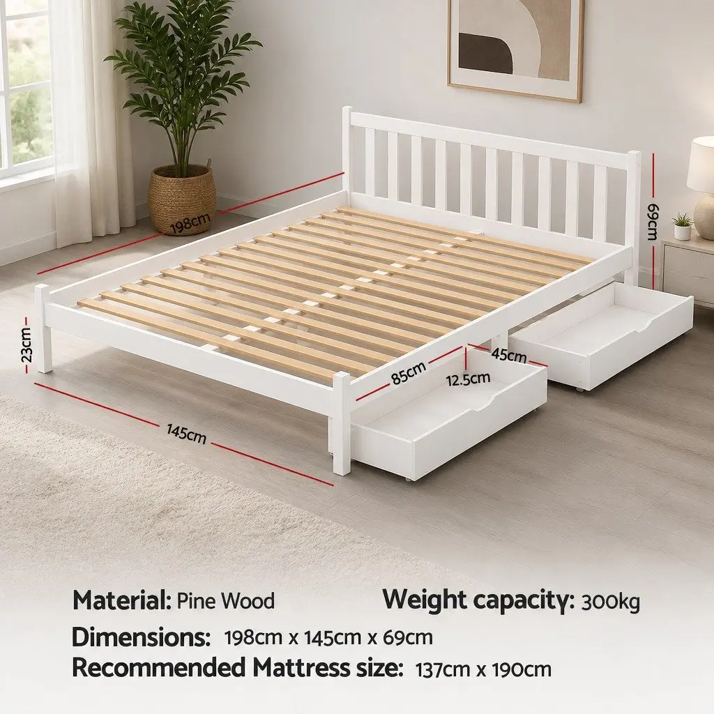 Double Bed Frame Wooden Platform with Storage Drawers White
