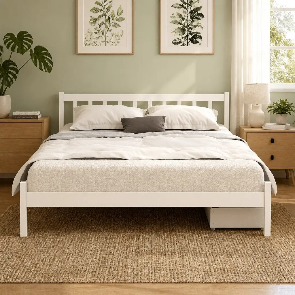 Double Bed Frame Wooden Platform with Storage Drawers White