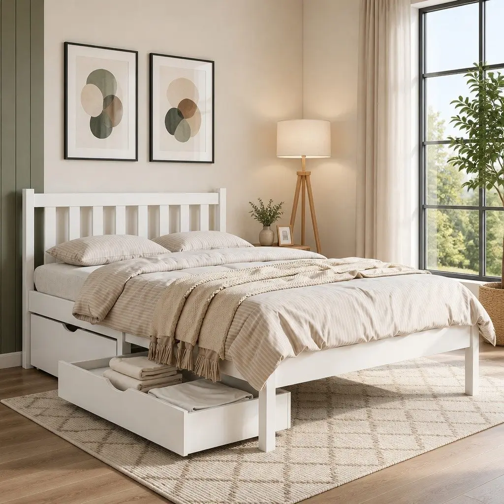 King Single Bed Frame Wooden Platform Storage Drawers White Bedroom Furniture