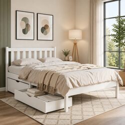 King Single Bed Frame Wooden Platform Storage Drawers White Bedroom Furniture