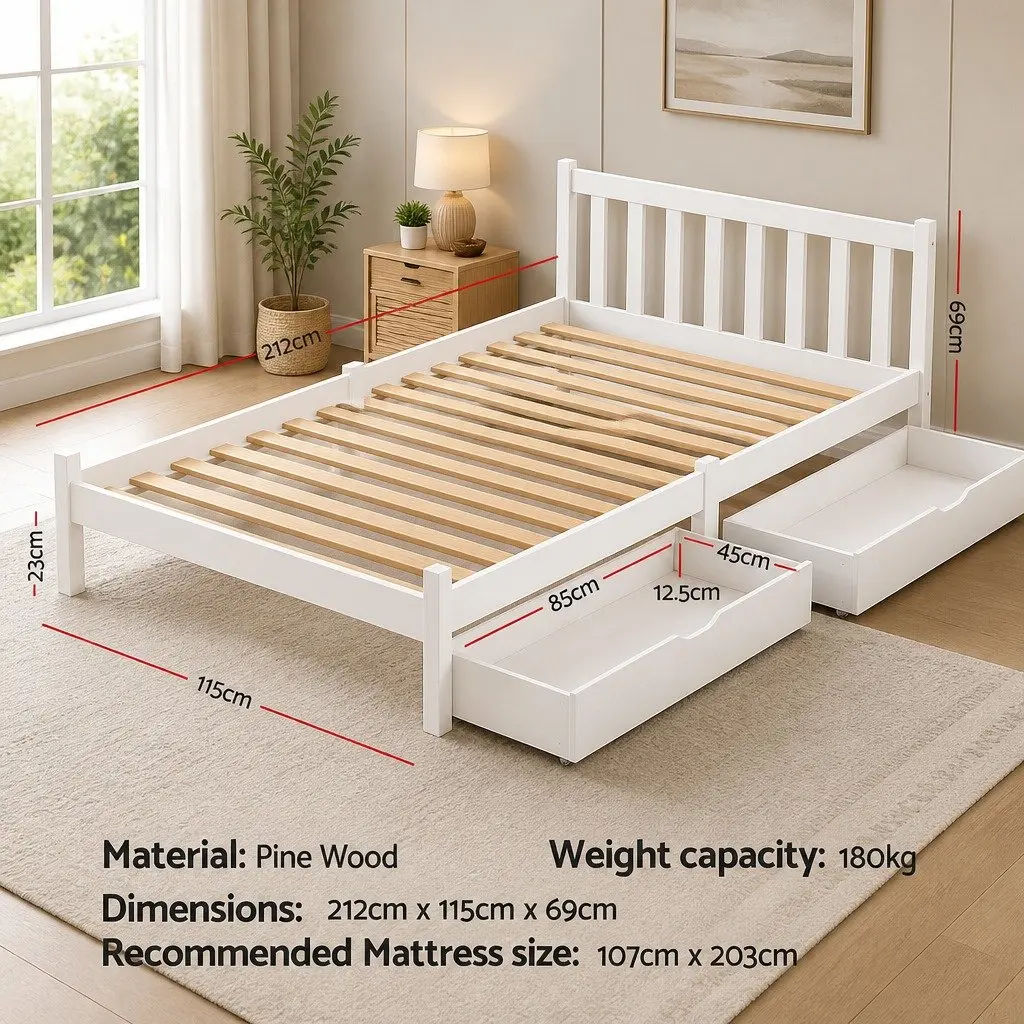 King Single Bed Frame Wooden Platform Storage Drawers White Bedroom Furniture