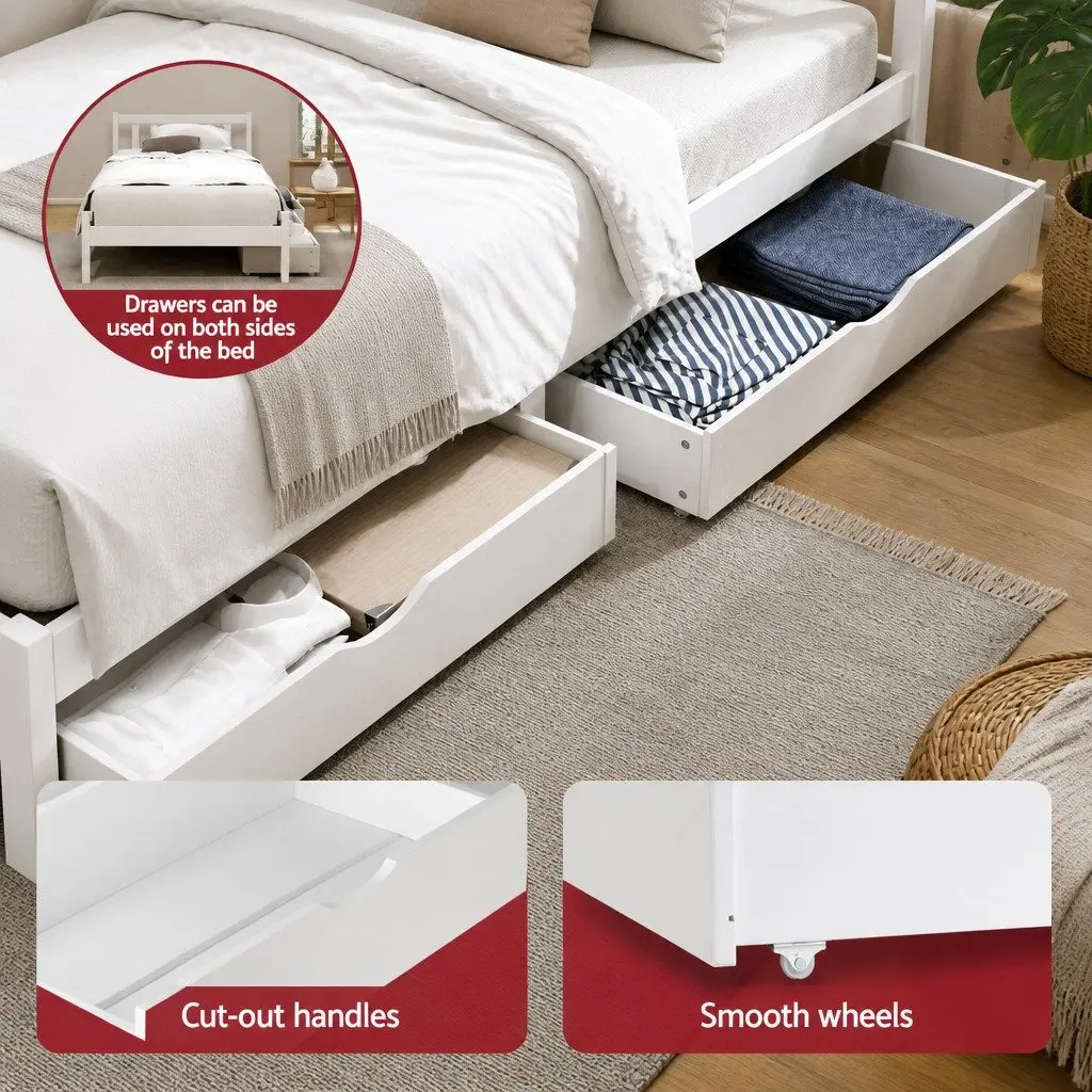 King Single Bed Frame Wooden Platform Storage Drawers White Bedroom Furniture
