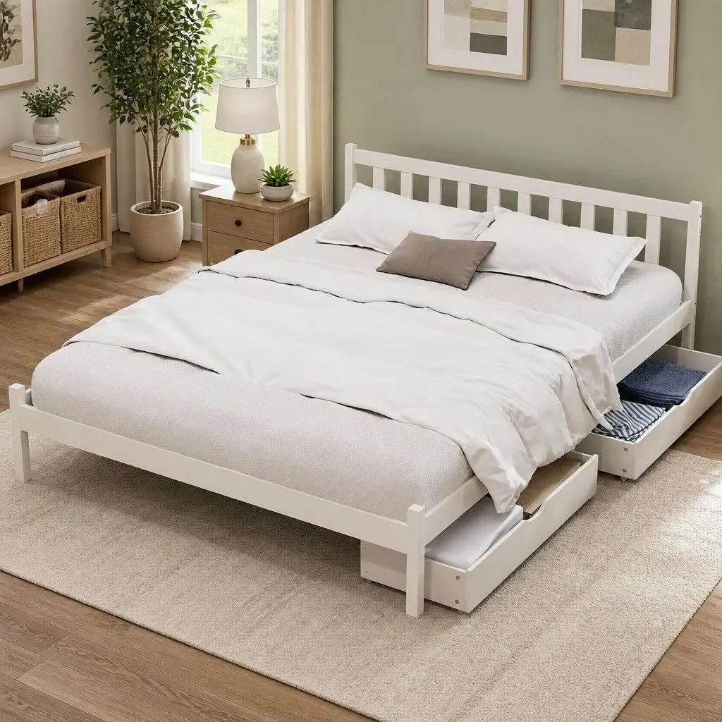 Queen Size Bed Frame Wooden Platform with 2 Storage Drawers White Bedroom