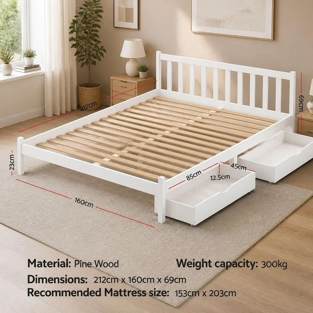 Queen Size Bed Frame Wooden Platform with 2 Storage Drawers White Bedroom