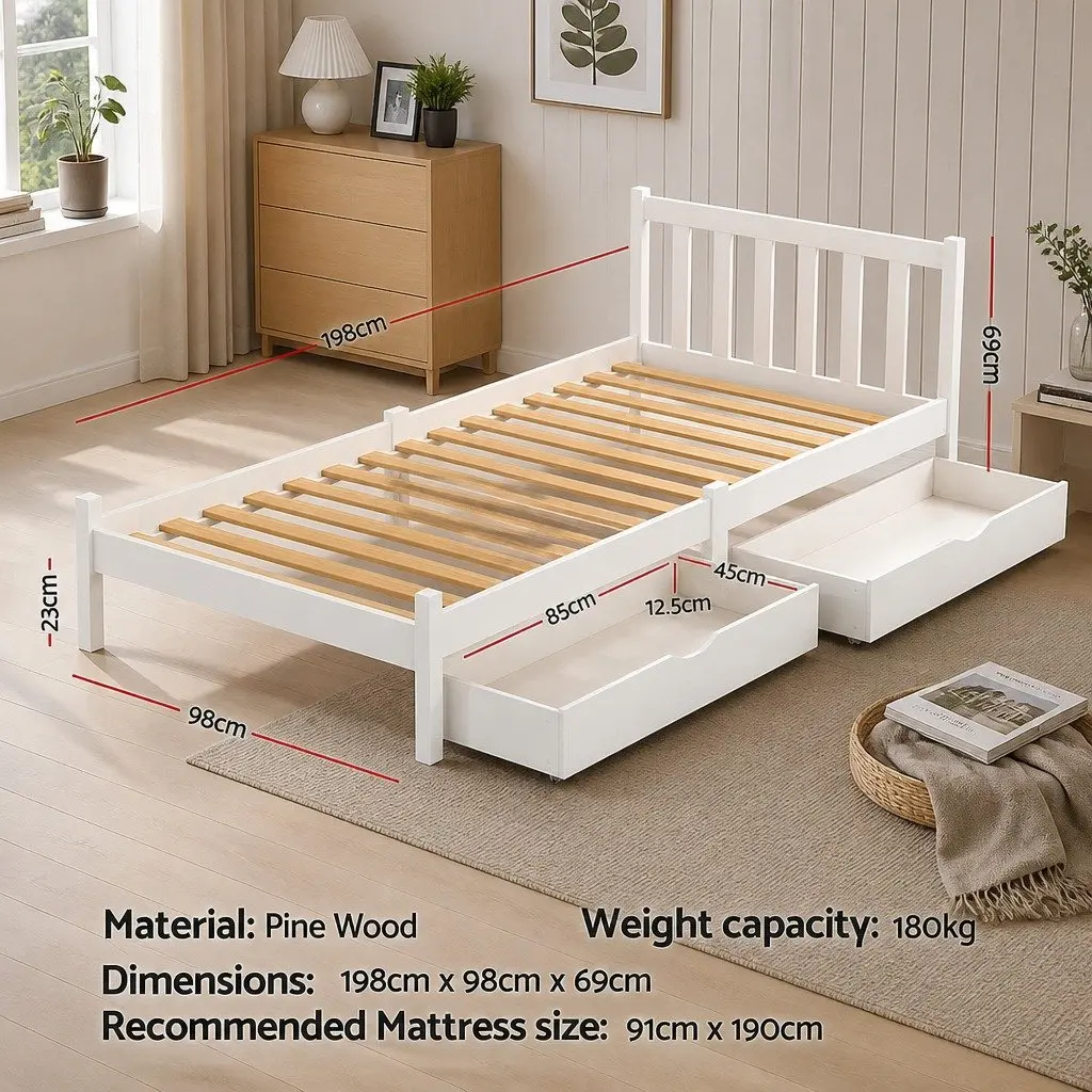 Single Bed Frame Wooden Platform with Storage Drawers White 198cm x 98cm x 69cm