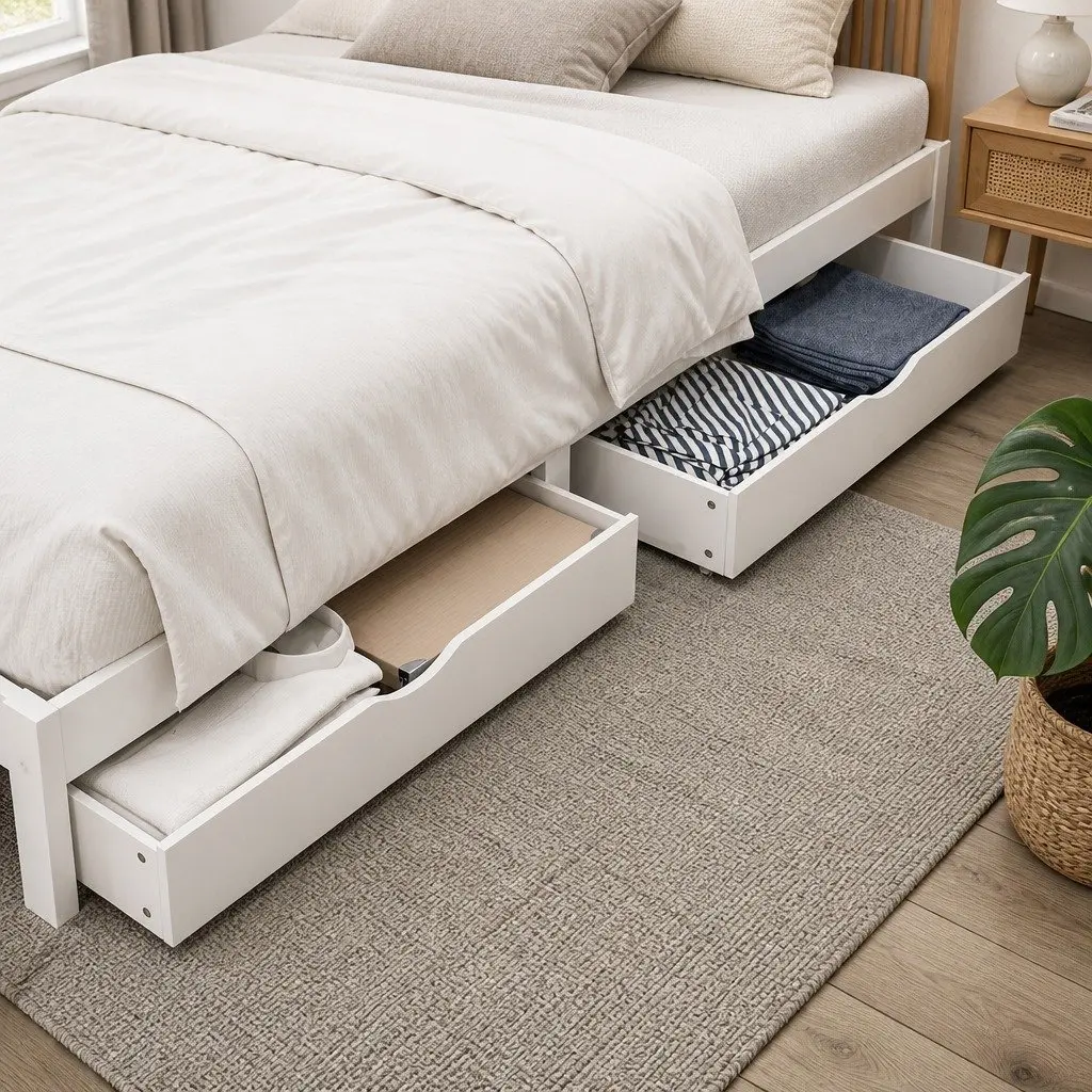 Single Bed Frame Wooden Platform with Storage Drawers White 198cm x 98cm x 69cm