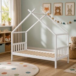 Kids Single House Bed Frame Wooden Base Timber Playhouse White Bedroom Furniture