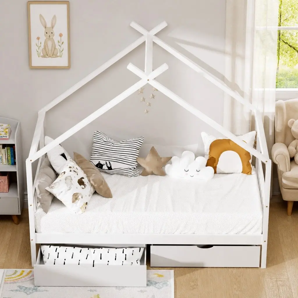 Kids Single Bed Frame House Design White Wooden with 2 Storage Drawers