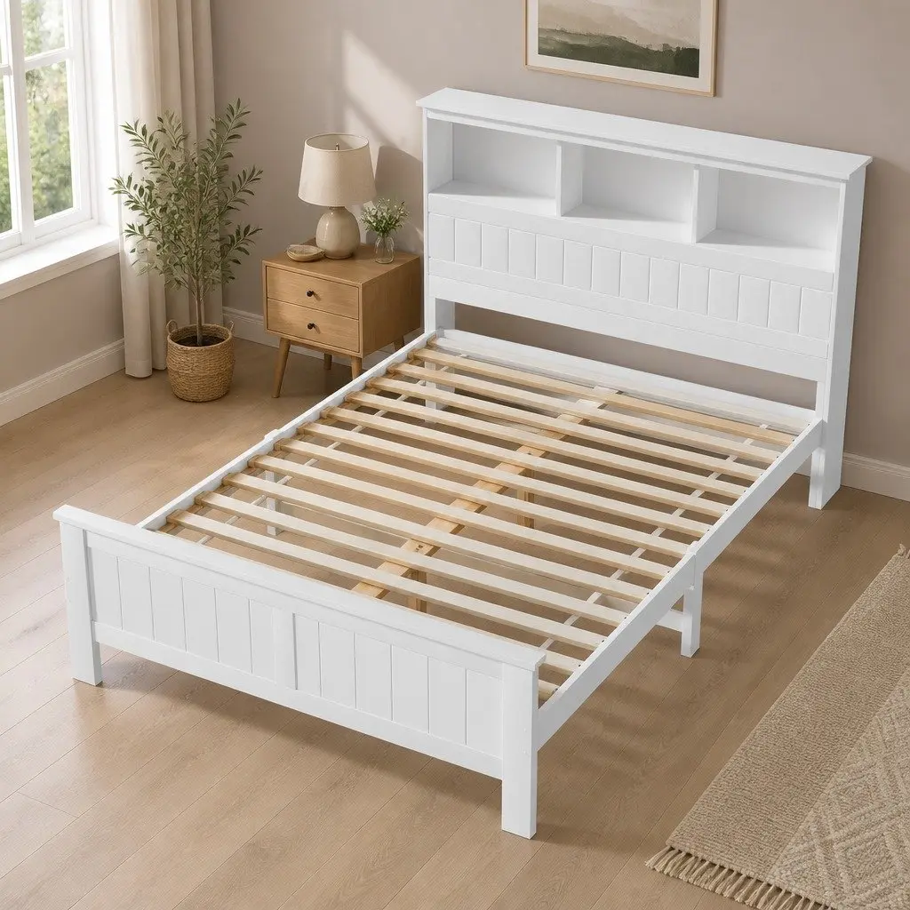 Double Bed Frame Wooden White with Storage Shelves Headboard for Standard Mattress