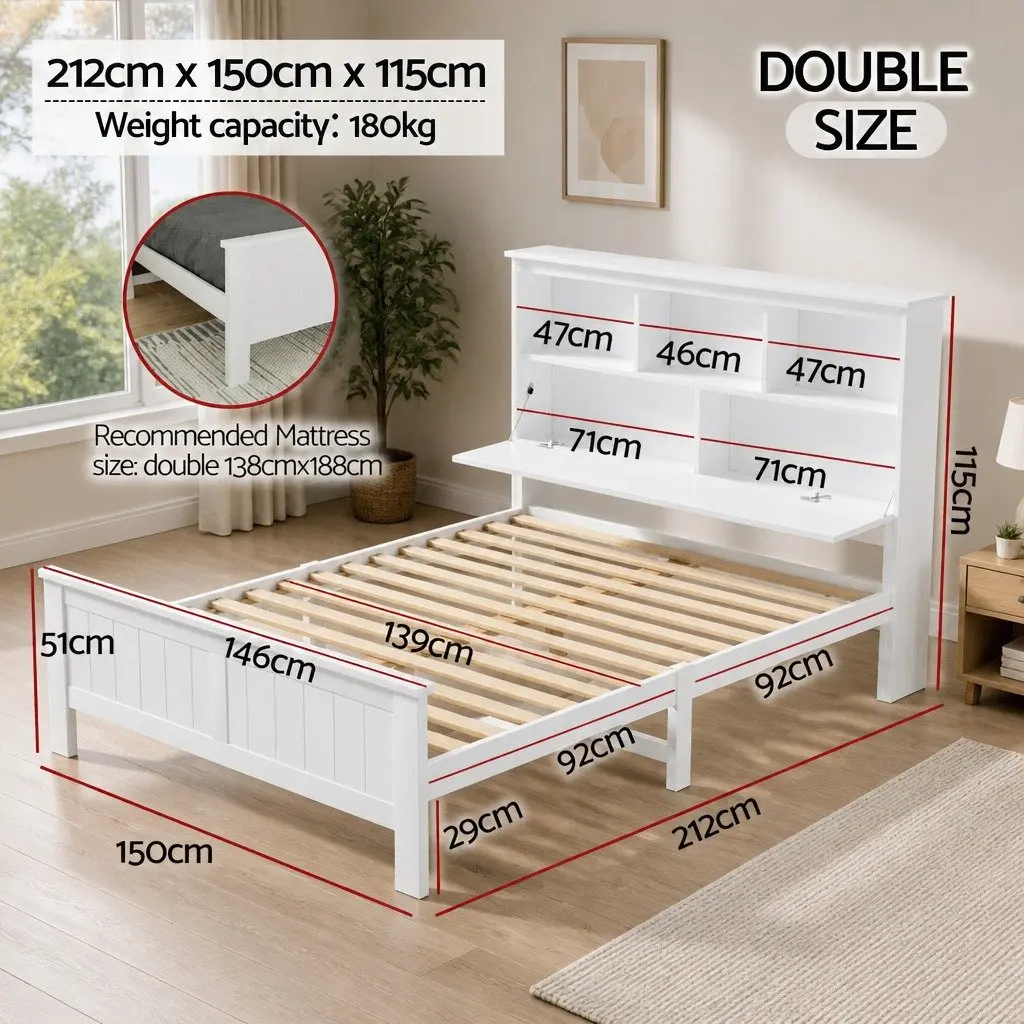 Double Bed Frame Wooden White with Storage Shelves Headboard for Standard Mattress