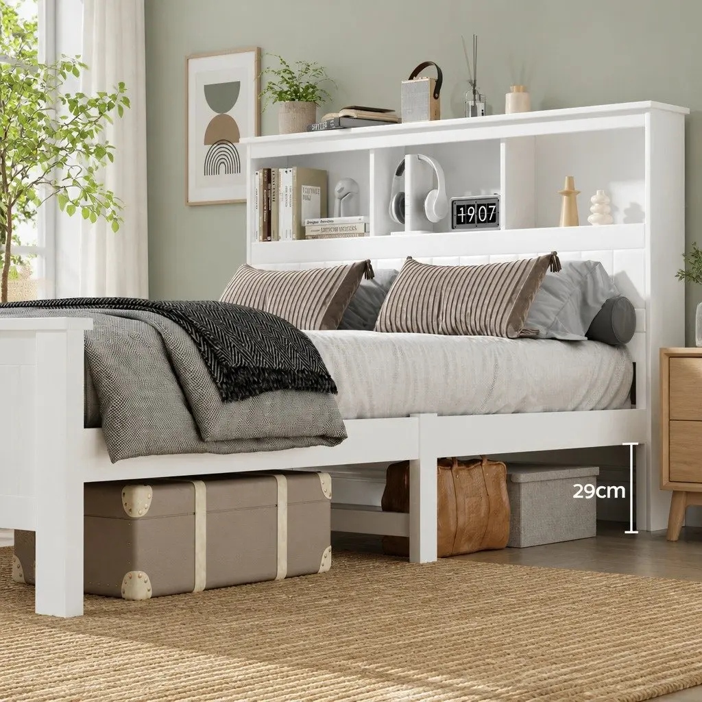 Double Bed Frame Wooden White with Storage Shelves Headboard for Standard Mattress