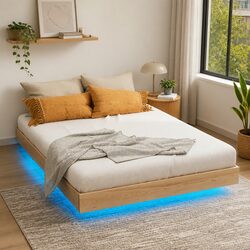 Double Bed Frame Floating Design Wooden Platform Slat Base Pine Bedroom