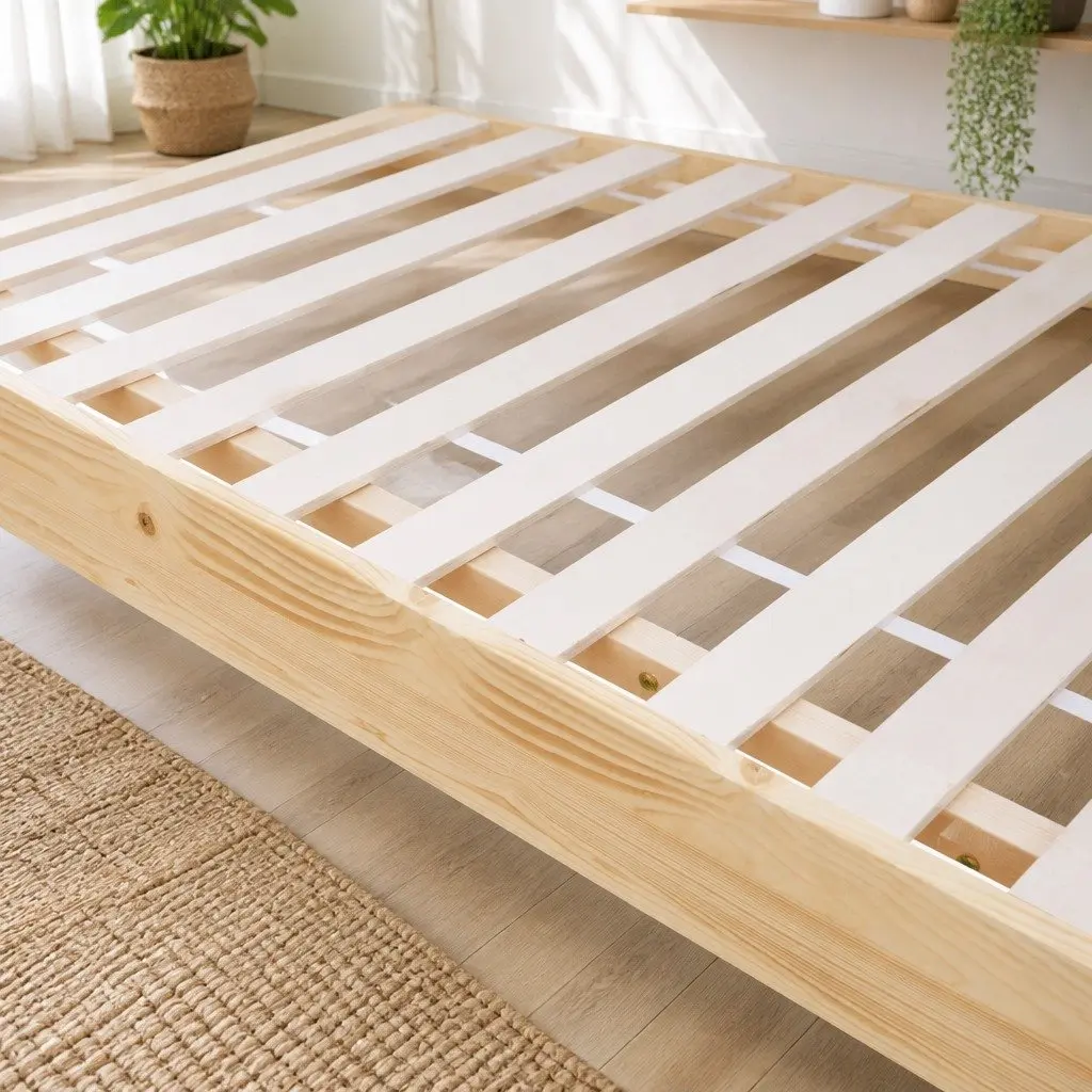 Double Bed Frame Floating Design Wooden Platform Slat Base Pine Bedroom