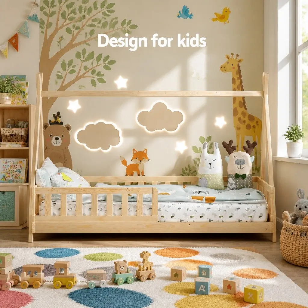 Kids House Bed Frame Single Wooden Pine Slat Bedroom Furniture Child Safe Design