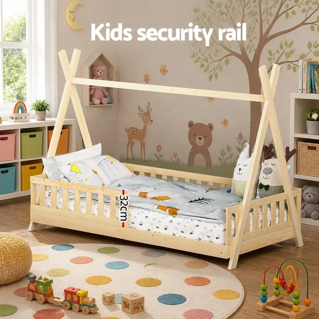 Kids House Bed Frame Single Wooden Pine Slat Bedroom Furniture Child Safe Design