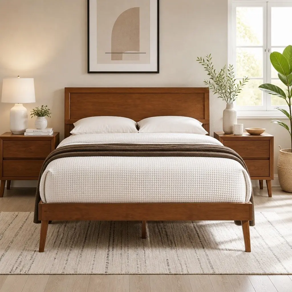 Wooden Bed Frame Pinewood Walnut Colour Queen Size with Slatted Base