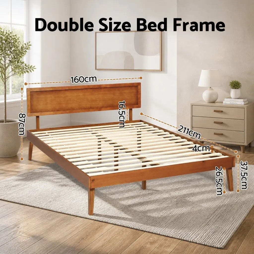 Wooden Bed Frame Pinewood Walnut Colour Queen Size with Slatted Base