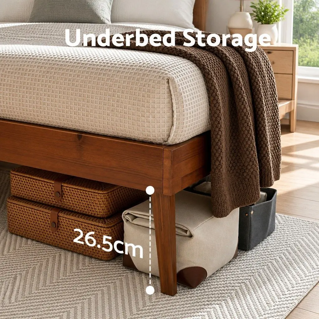 Wooden Bed Frame Pinewood Walnut Colour Queen Size with Slatted Base