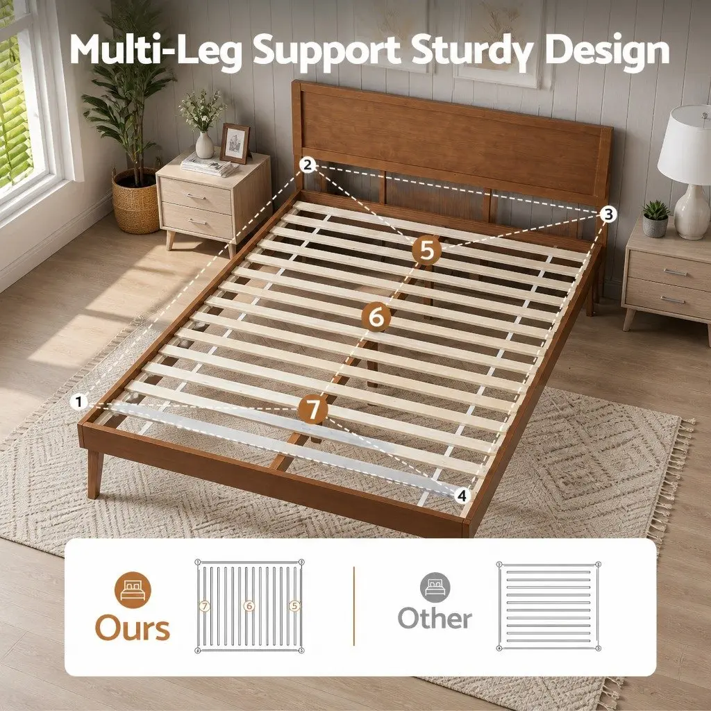 Wooden Bed Frame Pinewood Walnut Colour Queen Size with Slatted Base