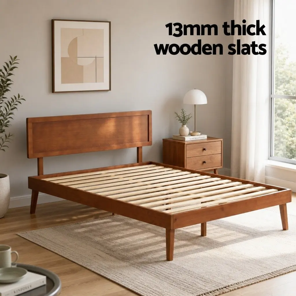 Wooden Bed Frame Pinewood Walnut Colour Queen Size with Slatted Base