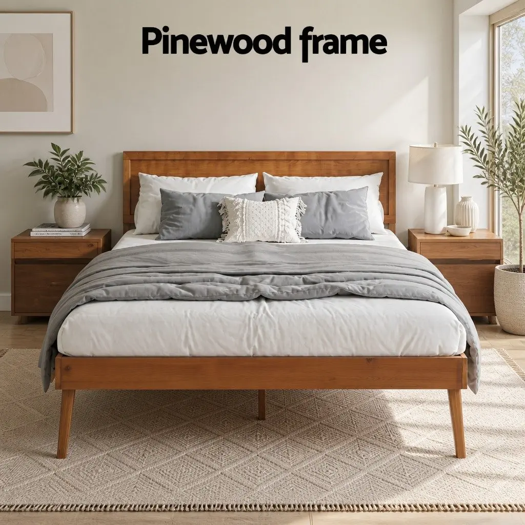 Wooden Bed Frame Pinewood Walnut Colour Queen Size with Slatted Base