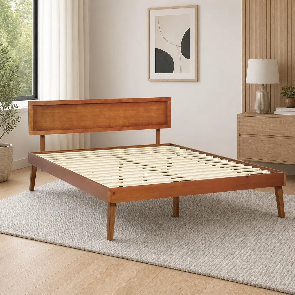 Wooden Bed Frame Pinewood Walnut Colour Queen Size with Slatted Base