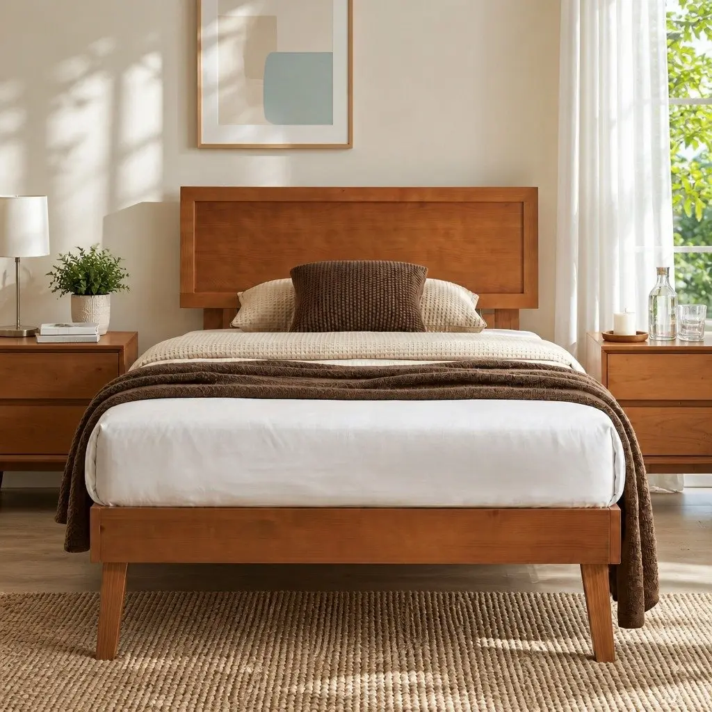 Single Bed Frame Wooden Slat Base Walnut Colour Modern Bedroom Furniture Easy