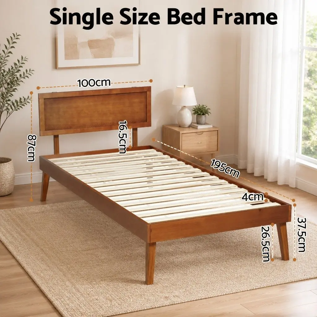 Single Bed Frame Wooden Slat Base Walnut Colour Modern Bedroom Furniture Easy