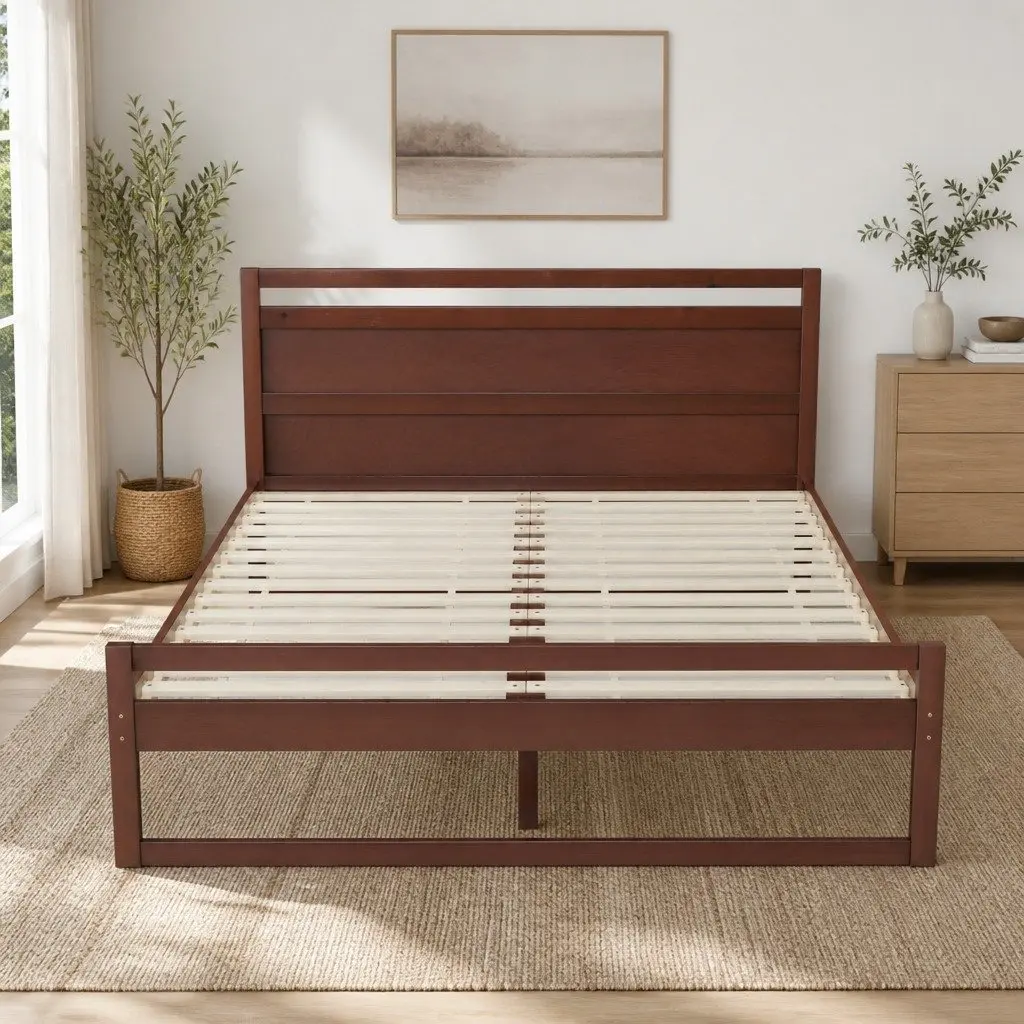 Double Bed Frame Wooden Walnut Flat Head Slatted Base Solid Pinewood