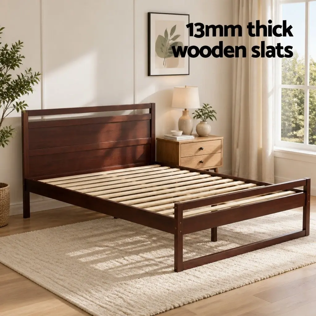 Double Bed Frame Wooden Walnut Flat Head Slatted Base Solid Pinewood