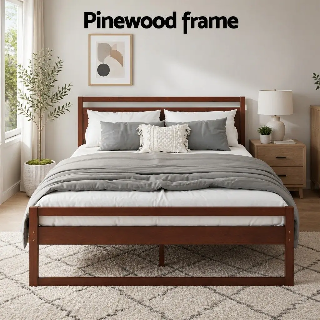 Double Bed Frame Wooden Walnut Flat Head Slatted Base Solid Pinewood